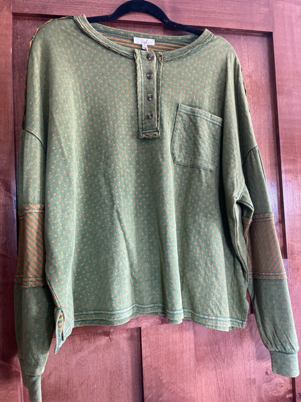 easel Olive Green Henley with Orange Polka Dots